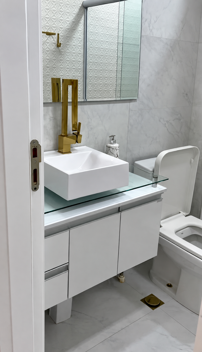 Banheiro moderno com detalhes dourados